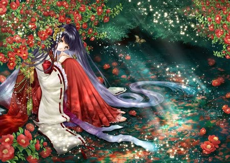 Camellia Forest - sitting, hot, paradise, wings, anime girl, kimono, garden, sexy, light, long hair, purple hair, butterfly, forest, beautiful, enchanted, sweet, green eye, dress, nice, beauty, female, water, fantasy, pretty, green, anime, plant, tree, cute, maiden, sit, girl, wing, red, flower