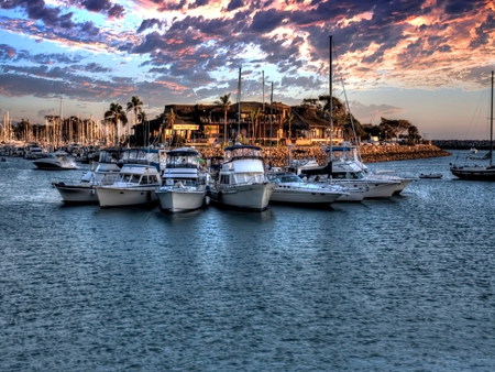 Boats - beauty, sky, trees, harbour, peaceful, sailboats, water, colorful, sunset, port, clouds, boat, houses, boats, sailing, nature, beautiful, colors, sailboat, sea