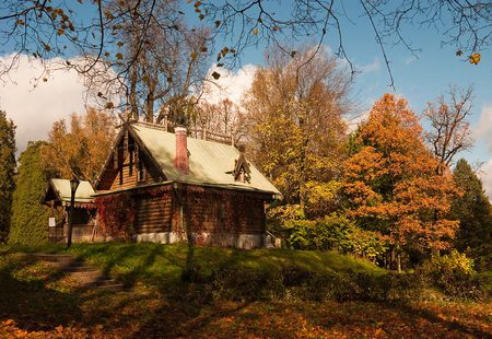 Beautiful Autumn Cabin - nice, hill, sky, art photo, trees, autumn fall, clouds, cabin