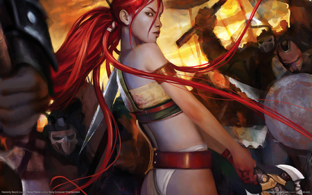 Red Hair Warrior - warrior, heavenly-sword, red hair, red, hd, fight, women, warrior girl, hot, girl, sword, cool, hair, heavenly, lady, 3d, wall