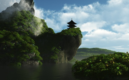 Oriental Retreat - rocks, water, pagoda, leaves, outcrop, sky, vegetation, clouds, river, nature