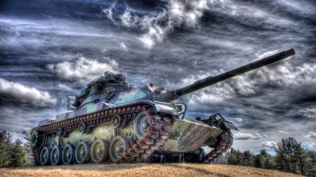 the tank - pretty, black, dark, war, white, sky, tank, clouds, military, sad, trees, nature, colorful