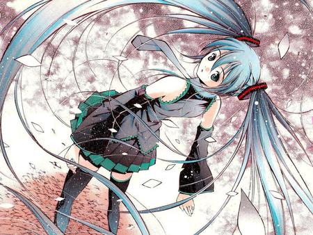 Hatsune Miku - pretty, anime, vocaloid, blue, twintail, cherry blossom trees, hatsune miku, pink, blue hair, nice, blue eyes, skirt, beautiful, thighhighs, beauty, cool, colorful, sakura trees, miku, awesome, cute, hatsune, vocaloids