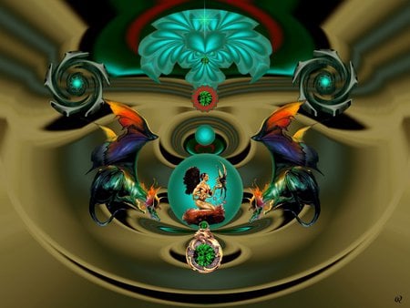 Dragon's Green - eye candy, collage, 3d, fractal, abstract