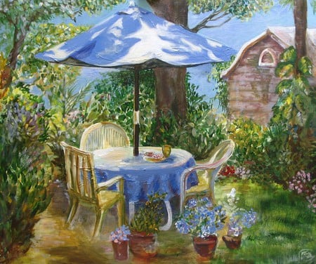 My Garden Get Away - pots, shed, flowers, quite, umbrella, chairs, plants, table, bushes, backyard, trees