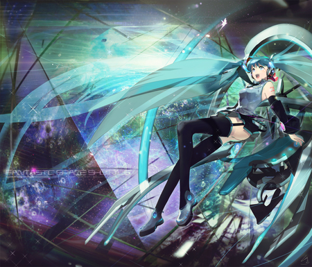 Hatsune Miku - pretty, anime, vocaloid, blue, twintail, hatsune miku, contrast, space, headphones, purple, nice, idol, abstract, skirt, beautiful, hot, thighhighs, virtual, beauty, cool, colorful, miku, awesome, diva, cute, hatsune, headset, sexy, vocaloids