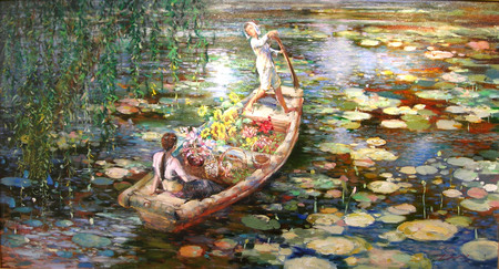 Liboat - enjoying, boat, girl, marsh, flowers, boy, grasses, nature, water paddles, ride, day, lovers