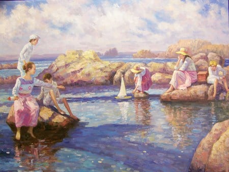 Summer Pleasure's - sitting, sky, hot, mother, water, summer, shore, playing, rocks, children, basket picnic, clouds, family, boat