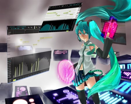 Hatsune Miku - pretty, anime, vocaloid, blue, twintail, studio, hatsune miku, microphone, blue hair, nice, blue eyes, graph, skirt, beautiful, hot, thighhighs, virtual, beauty, cool, black, miku, awesome, diva, cute, hatsune, sexy, vocaloids