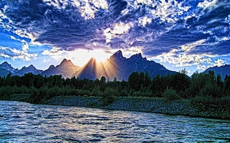 Beautiful Sky - mountains, water, rays, beauty, beautiful, peaceful, grass, blue, sky, clouds, sunlight, river, trees, nature