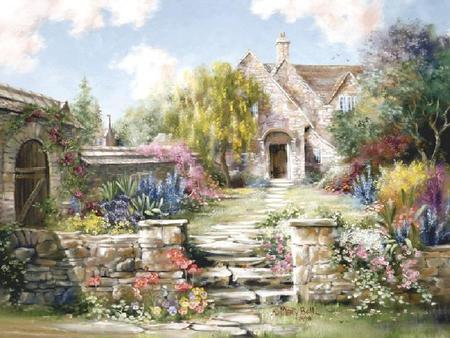 Country Home Among the Garden - house, trees, bushes, grass, steps, stones, flowers, painting, garden