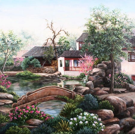 House by the Pond - stone, painting, trees, water, house, flowers, pond, bridge