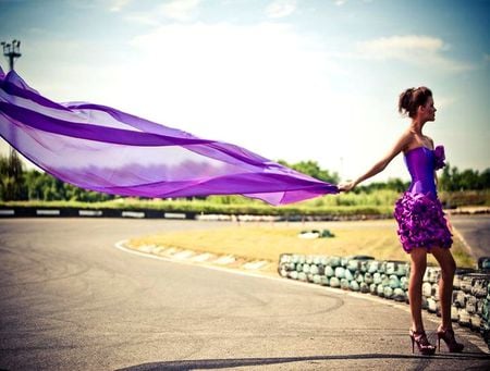 PURPLE WIND - purple, road, wind, model, female, nature, dress