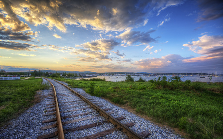 Sunset Tracks - train, tracks, sunset, ocean