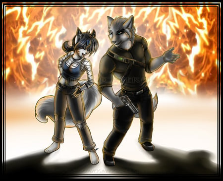 Flames - male, furry, female, fire, wolf, flames