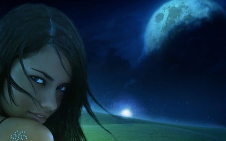 beutiful-girl - cloud, face, beauty, dark, anime, girl, eyes, sky, moon, other