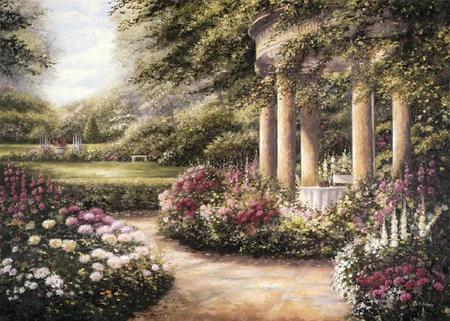 Romantic Dinner for Two - table cloth, sky, trees, columns, bench, plants, painting, lawn, urn, table, flowers