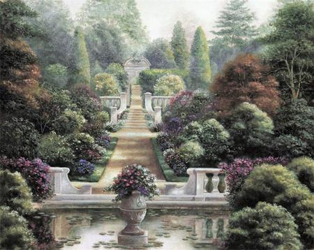 Garden of Love - trees, water, lily pads, garden, painting, plants, steps