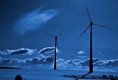 Catching the wind - clouds, blue, power, night, wind turbines