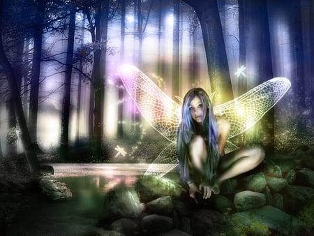 Forest Fae - sunrays, forest, pond, dragonfly, fae, woman