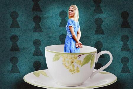 Teacup Alice - blue, dress, girl, alone, alice, teacup