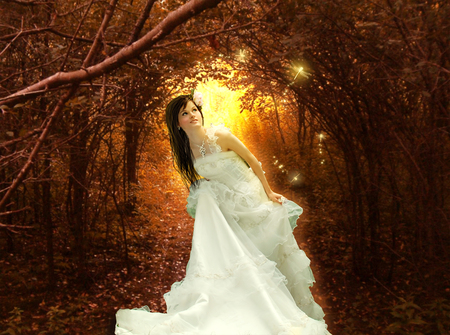 Sparkle And Shine - white, woman, arch, autumn, forest, leaves, gown