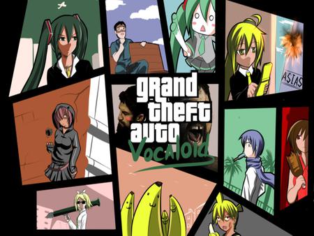 Grand Theft Auto Vocaloid - explosion, beer, lock, kagamine len, luka, rin, title, kaito, weapon, nice, rpg, len, guns, colors, megurine luka, vocaloid, anime, meiko, twintail, banana, hatsune miku, beer bottle, akita neru, unbelievable, boy, epic, music, hachune miku, kagamine rin, idol, neru, game, girl, cool, hilarious, necklace, miku, awesome, funny, vocaloids