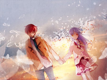 otonashi & kanade - school uniform, otonashi, kanade, trees, holding hands, angel beats, sunset