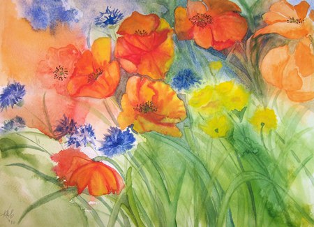 Poppy Splash - fresh, blues, soft, reds, spring, oranges, gree, colours, poppies, grass, pastels