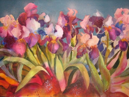 Magenta - irises, colours, soft, stems, spring, lovely, pastels, leaves