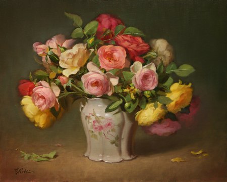 Raphosody - pretty, vase, roses, delicate, reds, yellows, petals, bouquet, variety, colours, soft, pinks