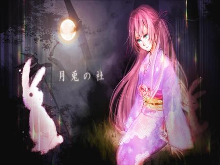 Megurine Luka - Akahitoha - pretty, pink, luka, sad, text, nice, woods, blue eyes, japanese culture, megurine, beauty, kimono, virtual, bunny, megurine luka, cute, song, japanese, vocaloid, anime, music, pink hair, sky, idol, moon, rabbit, trees, beautiful, cool, black, awesome, diva, night sky, vocaloids