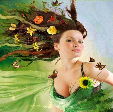 WIND IN HER HAIR.. - flowers, windy, green, dress, butterfly, brunette, hair