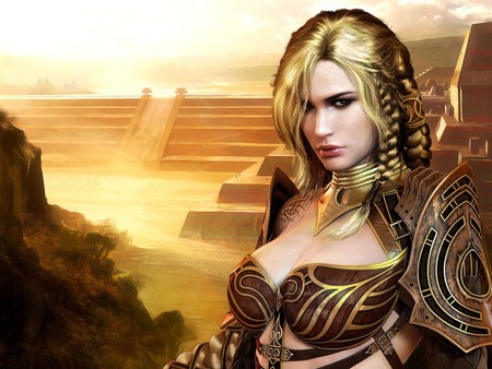 Fantasy girl - abstract, female, warrior, sunset, fantasy girl, gold hair