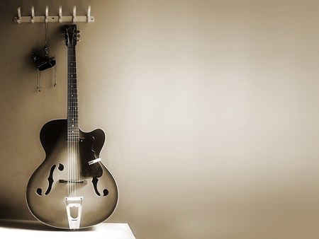 Guitar - guitar, music, black, instrument, white, old pic, wall