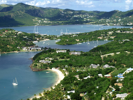 Antigua and Barbuda - caribbean, water, coastline, beach, hills, homes, sand, white, houses, island, boats