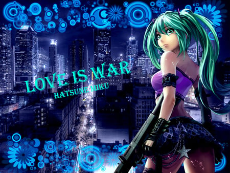 Love is War - Hatsune Miku - street, skyline, miku, road, hot, gun, abstract, anime girl, girl, architecture, city, weapon, green hair, vocaloid, anime, skyscraper, night, dress, town, green eye, long hair, building, sexy, female, house, hatsune miku