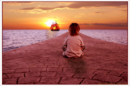 Still Waiting - sunset, ship, ocean, child, pier