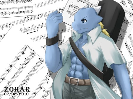 furry - muscle, zohar, furry, blue, zoharwolf, music, dragon, horns