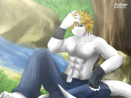 Furry - white, muscle, cool, forest, jeans, furry, lizard