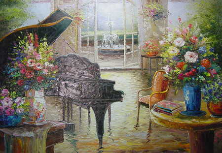 The Floral Room - warm, piano, fountain, elegant, tables, chairs, vases, pleasing, flowers, doors, beautful, gorgeous, garden, floral, glass