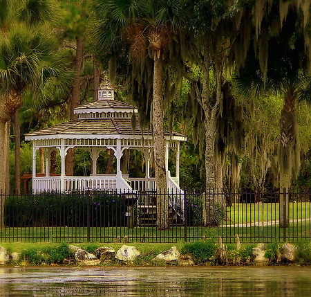 Gazebo in the willows - white, woodland, willows, lake, trees, grass, gazebo