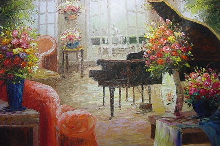 Sophistication - glass doors, grand, vases, room, music, chairs, elegant, tables, piano, riches, flowers, garden