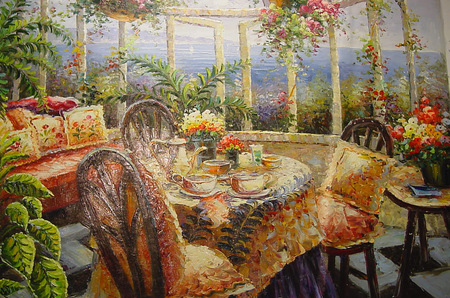 Solarium - sunroom, gardens, chairs, couch, plants, hangers, view, cosy, warm, table, flowers, sea, breathetaking