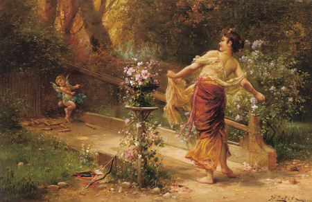 Dancing In The Garden Of Eden - wide screen, trees, illustration, painting, art, cupid, artwork, pot, garden, lady, pedestal, bow, forest, beautiful, arrows, flowers, dress, character