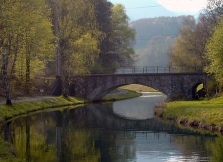 a bridge on lake - lake, trees, water, bridge