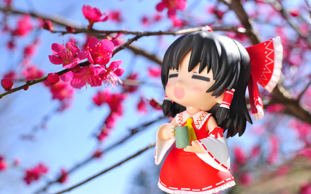 *sip* Ahhh~ - touhou, cherry blossoms, nendoroid, figurine, blush, tea, hakurei reimu, sky