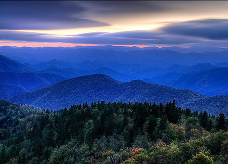 Sapphire hills - green trees, misty, blue rolling hills, evening, cloudy sky, peaceful