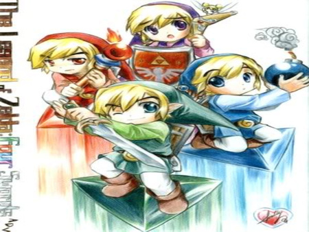 chibi links - chibi, bomb, video game, videogame, tri force, nintendo, purpple, zelda, gree, red, blue, link, sword, shild