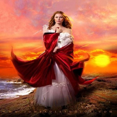 SUNSET PRINCESS - woman, fire sky, sunset, white, paint, yellow, red, colors, dress